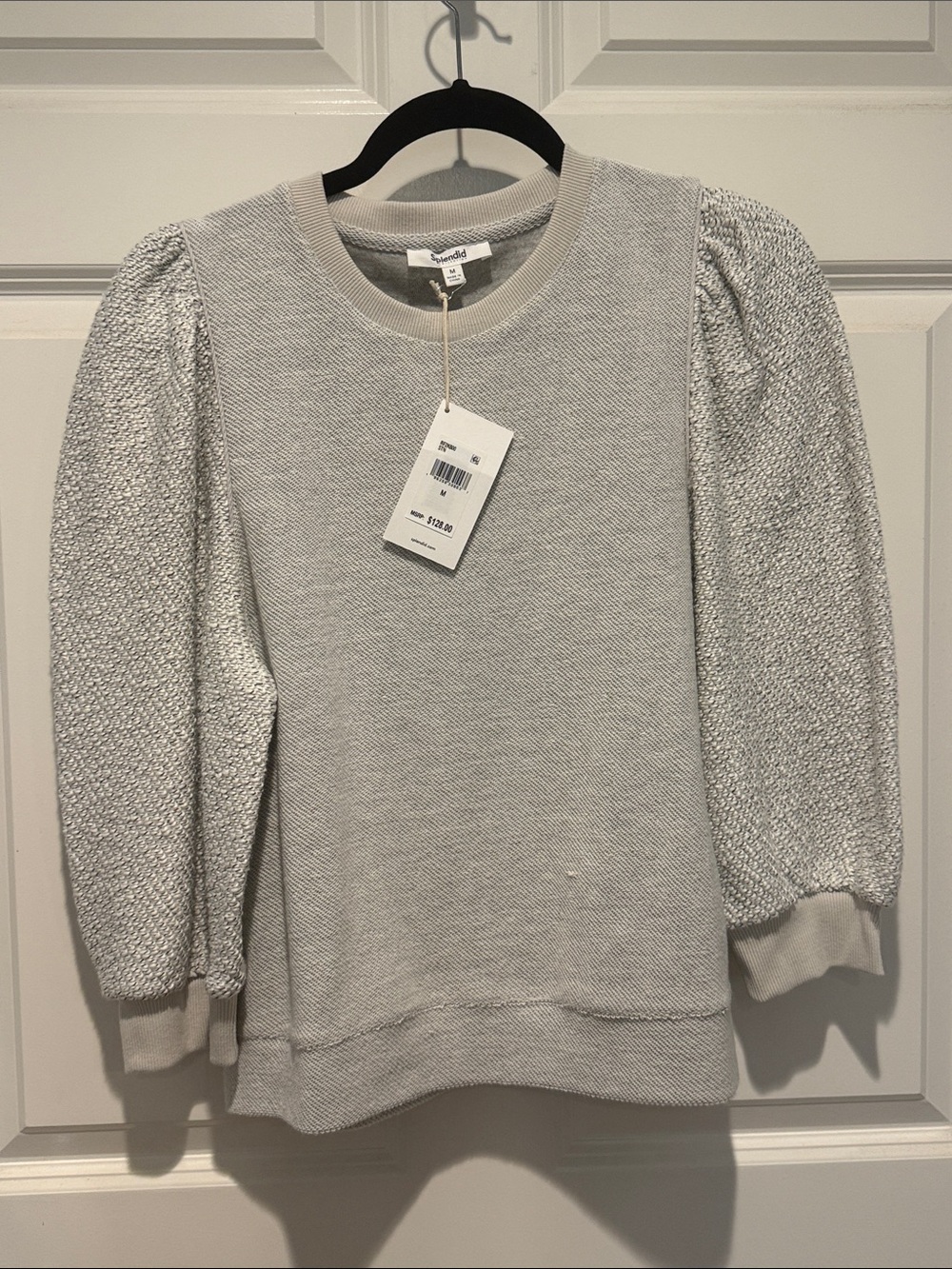 Splendid Light Gray Textured Puff-Sleeve Crewneck Sweater